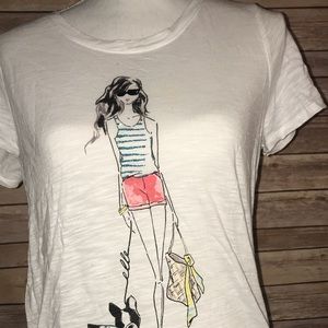 Elle, model walking frenchie white t shirt.